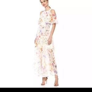 Calvin Klein White and Orange Ruffled Tiered Maxi Dress